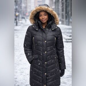 Michael Kors Women's Faux Fur Trim Hooded Quilted Down Puffer Coat Medium Black